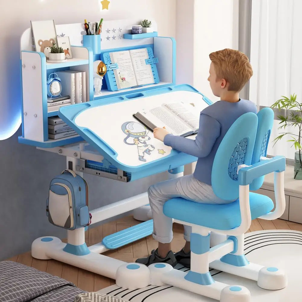 2-piece kids study desk chair set by S And B Enterprise, blue and white with book stand