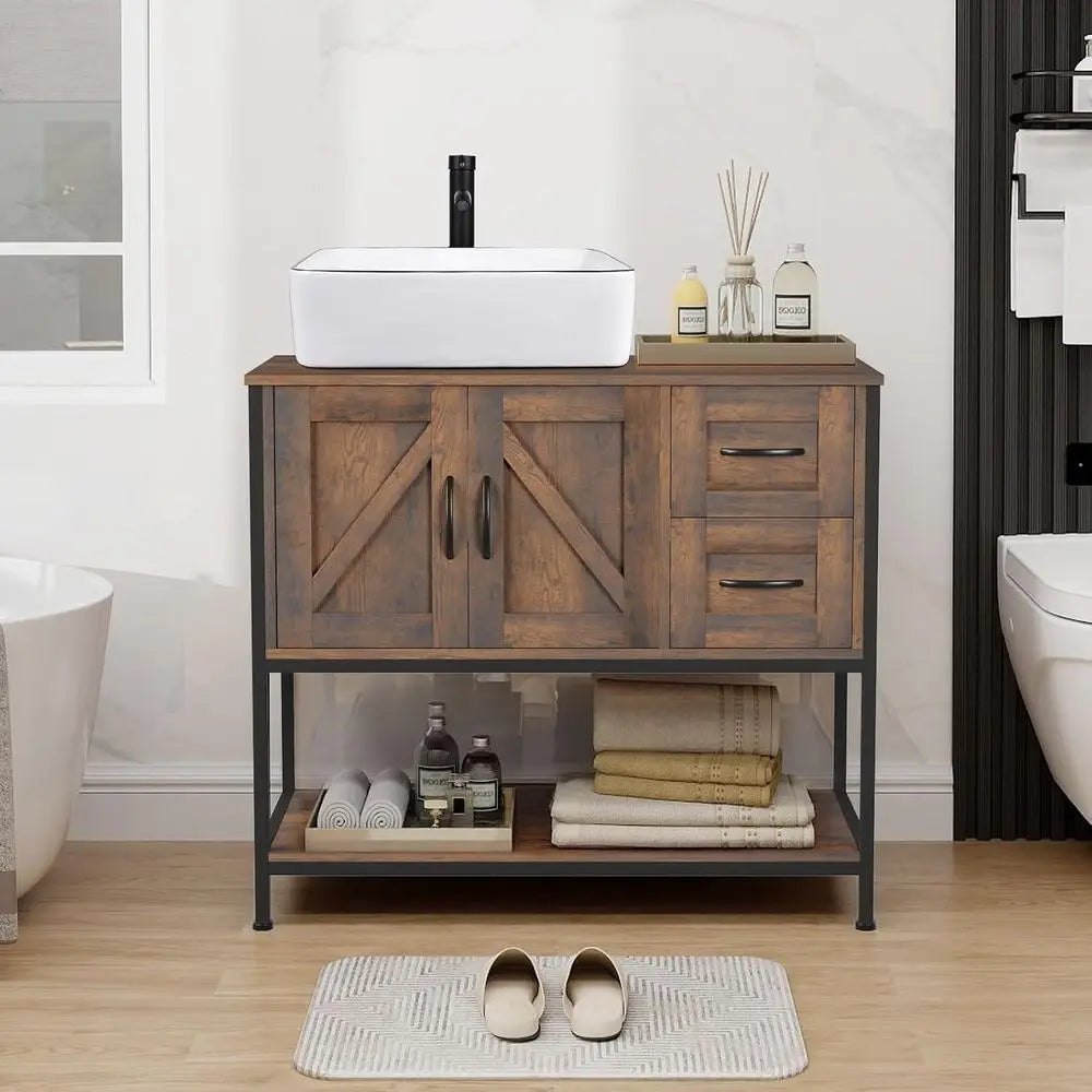 36-inch rustic wood bathroom vanity with white vessel sink and black faucet on a metal frame