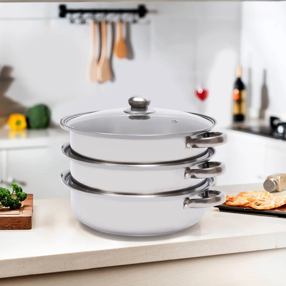 3-tier stainless steel steamer set with glass lids, 28cm, silver, stacked on a kitchen counter