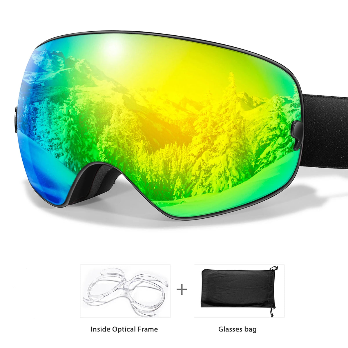 S And B Enterprise ski goggles with rainbow mirrored UV400 lenses; includes optical frame and glasses bag
