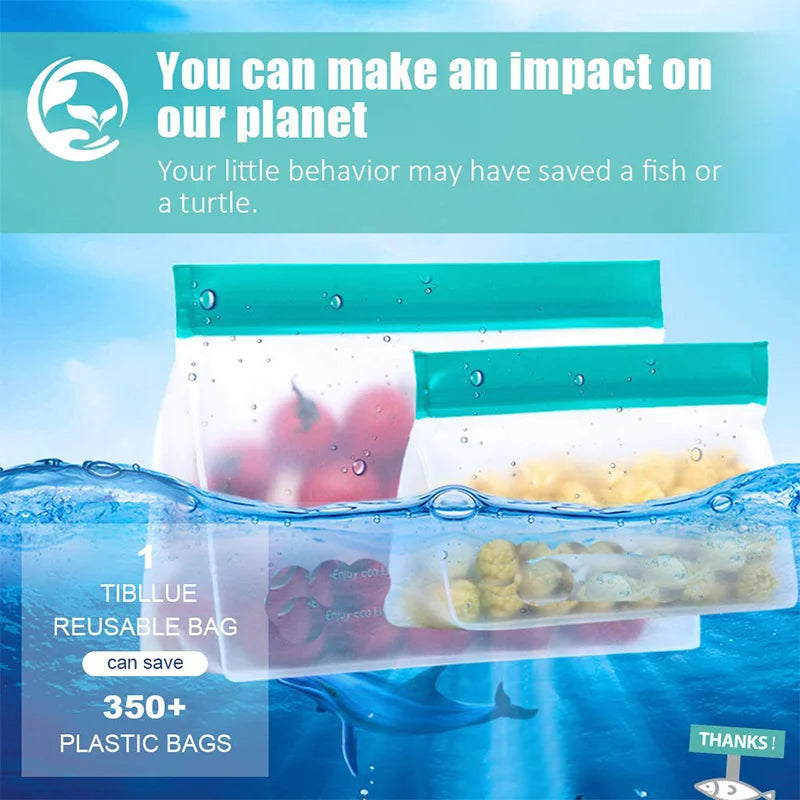 Reusable food storage bags by S And B Enterprise, PEVA silicone, leakproof zip-top, stand-up freezer bags