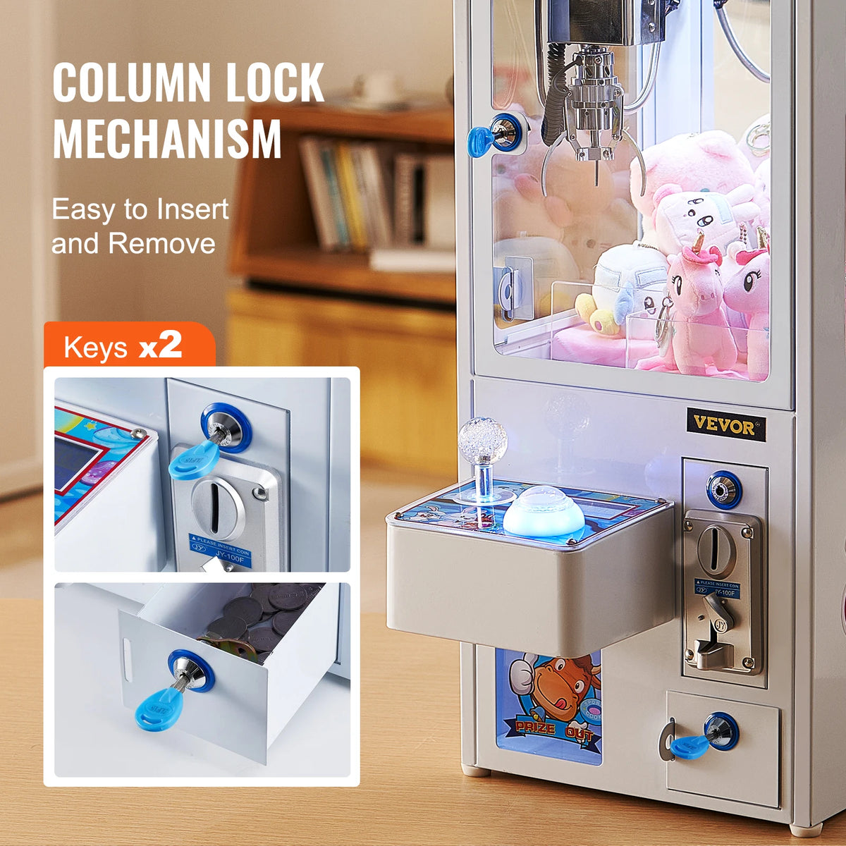 Claw machine arcade game by SucceBuy with plush prizes inside; blue coin lock and metal cabinet, VEVOR logo visible