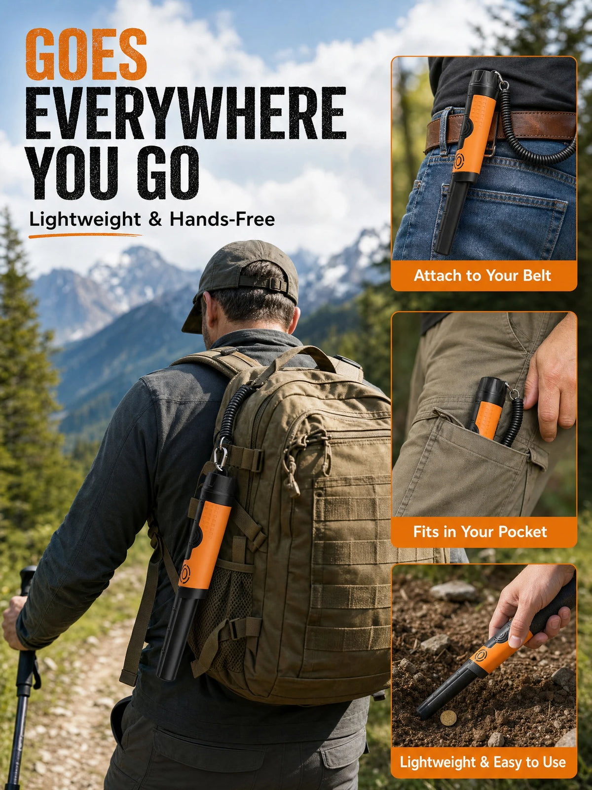 SUNPOW handheld pinpointer metal detector, orange and black IP68 waterproof with belt clip for outdoor use