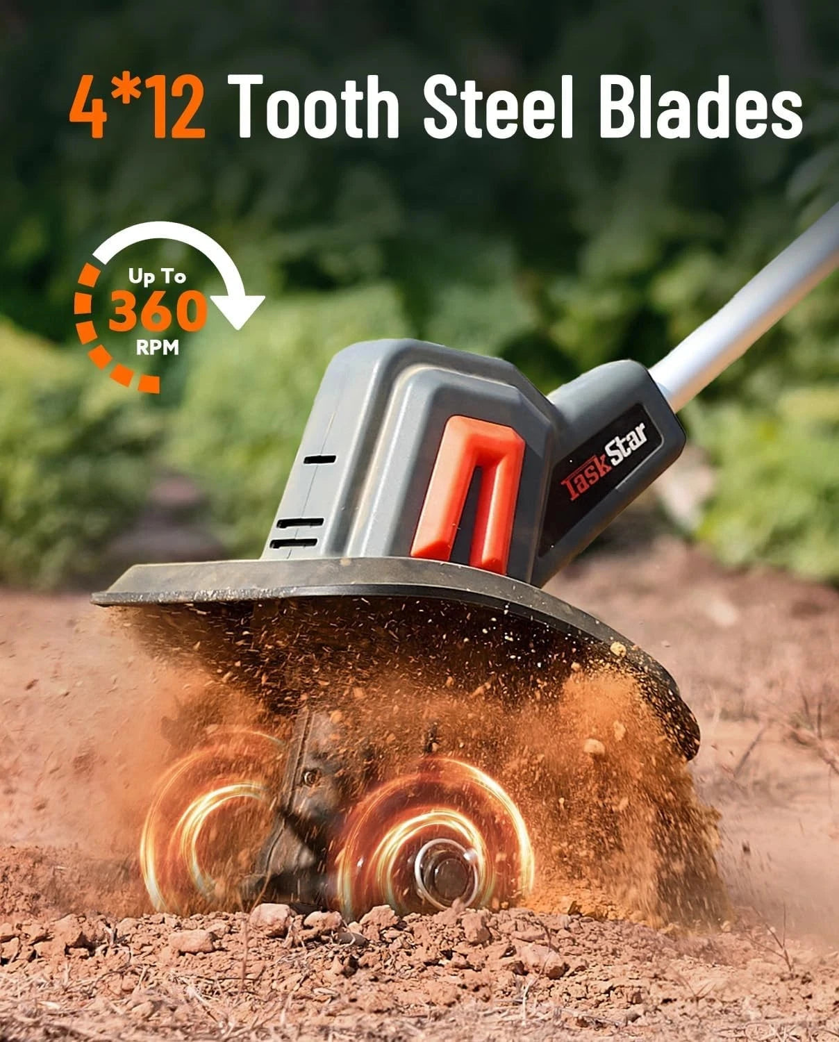 TaskStar cordless electric tiller with gray body, orange accents and 4*12 tooth steel blades