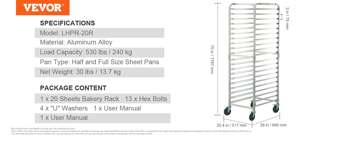 SucceBuy 10/20 Sheet Bun Pan Rack Commercial Bakery Racks with Brake Wheels Aluminum Racking Trolley Storage for Bread Baking by S And B Enterprise
