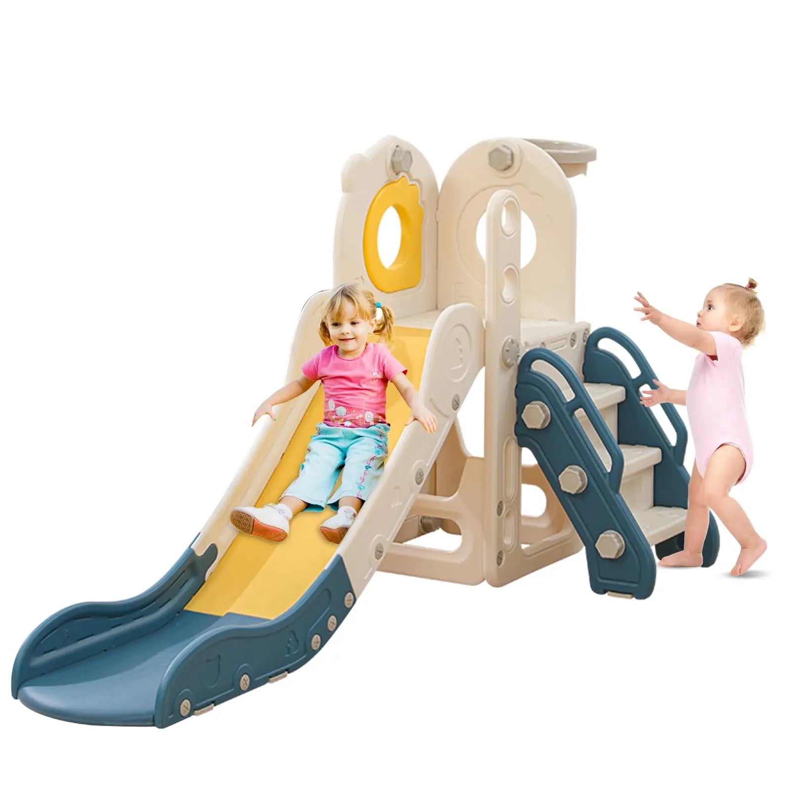 Freestanding Toddler Slide, 5 in 1 Kids Indoor Playset for Toddlers 1-3，L Shaped Slide with Basketball Hoop，Baby Climber for Indoor Outdoor for Boys and Girls Birthday, Sturdy Playground Toy by S And B Enterprise