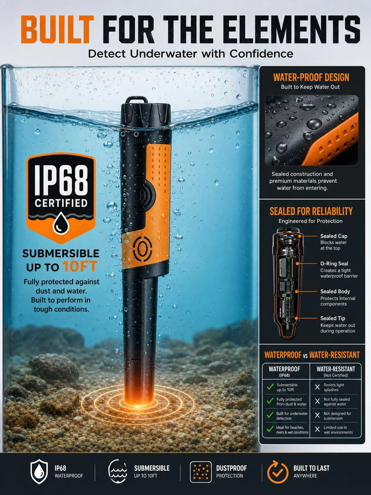 SUNPOW handheld pinpointer metal detector, orange and black, IP68 waterproof up to 10ft