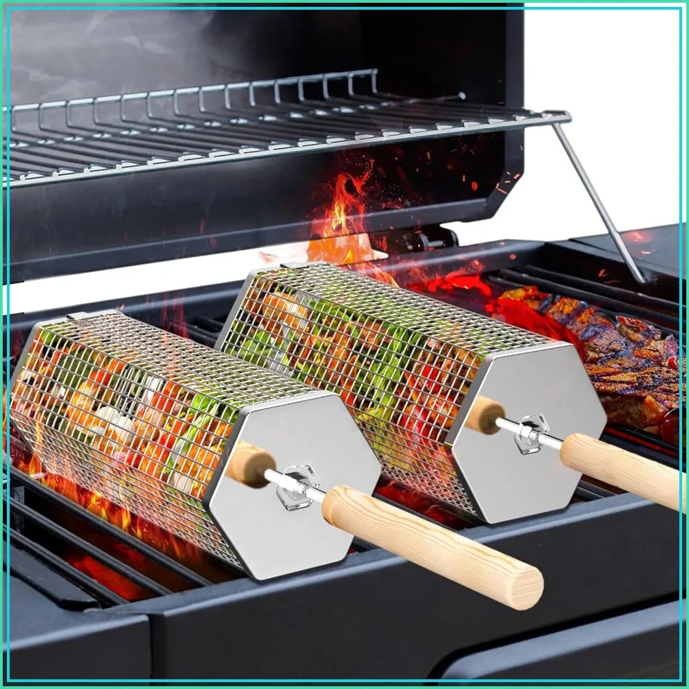 Two 304 stainless steel rolling grill baskets with removable wooden handles on a barbecue, by S And B Enterprise.