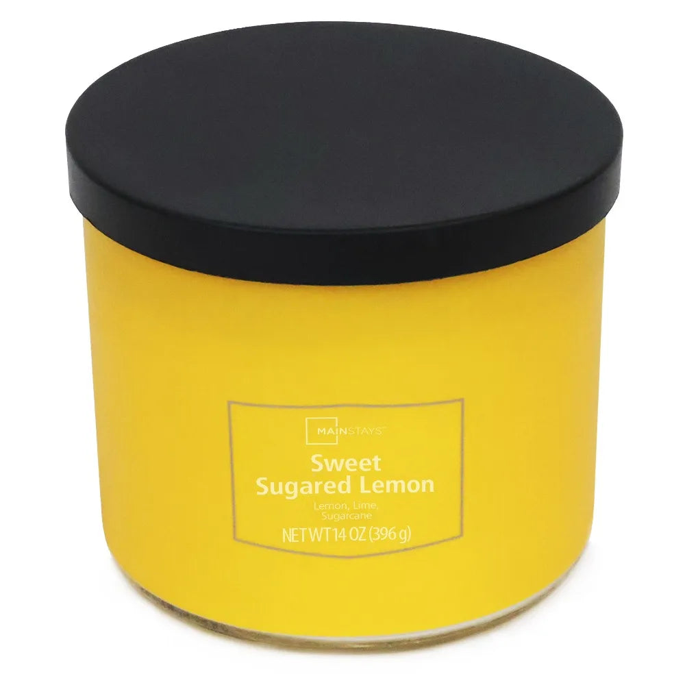 Sweet Sugared Lemon scented triple-wick textured candle in yellow jar with black lid by S And B Enterprise