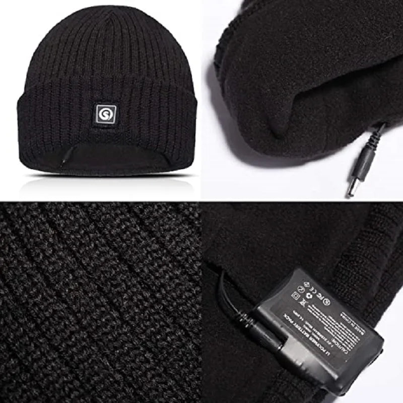 Snow Deer heated knit hat in black with attached rechargeable battery pack by S And B Enterprise.