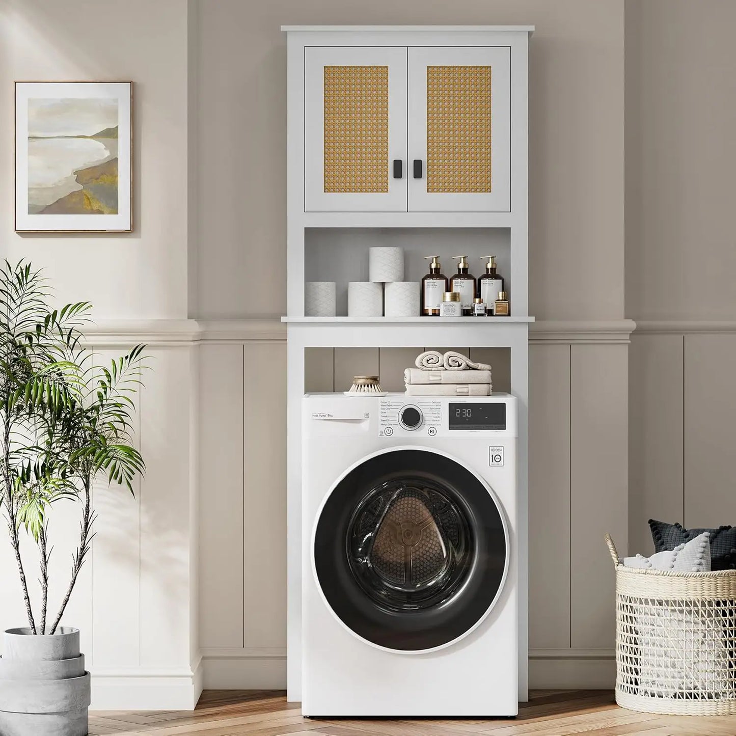 Farmhouse Over Toilet Storage Cabinet With Adjustable Shelf And Rattan Doors