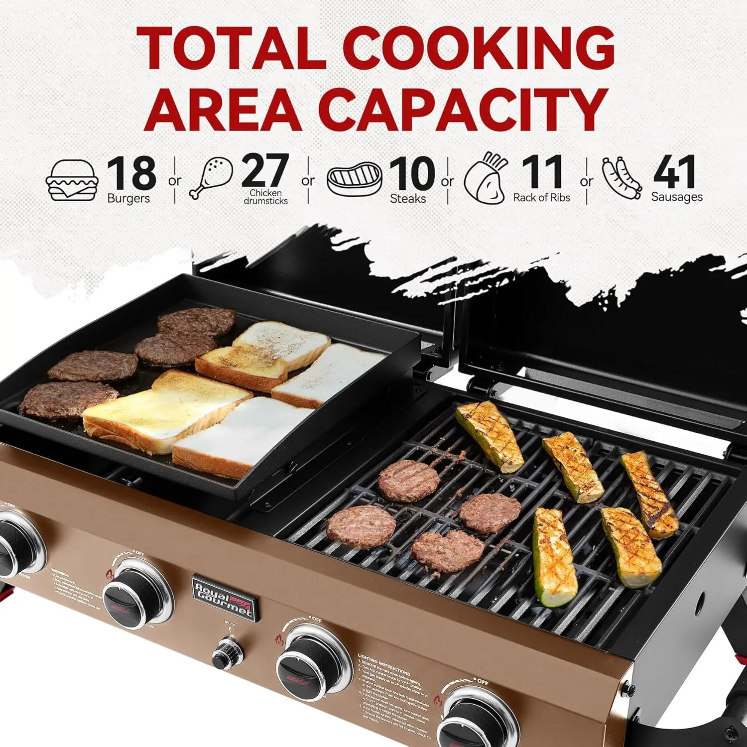 Royal Gourmet GD4002TPY portable grill and griddle with hood, 4-burner propane tabletop BBQ