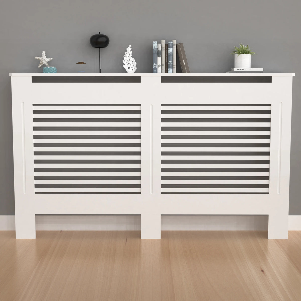 Radiator cover cabinet, white MDF with horizontal slat grills and dual-door design, 36.2 inches tall.