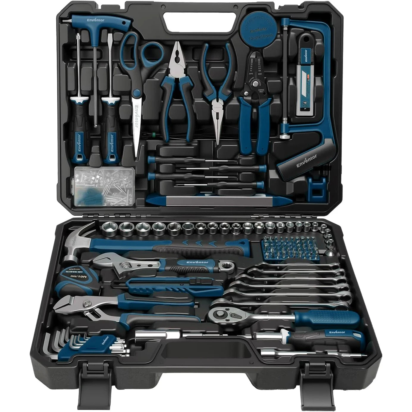Enventor 220-piece tool set in a blue case with wrenches, pliers, screwdrivers, sockets and bits