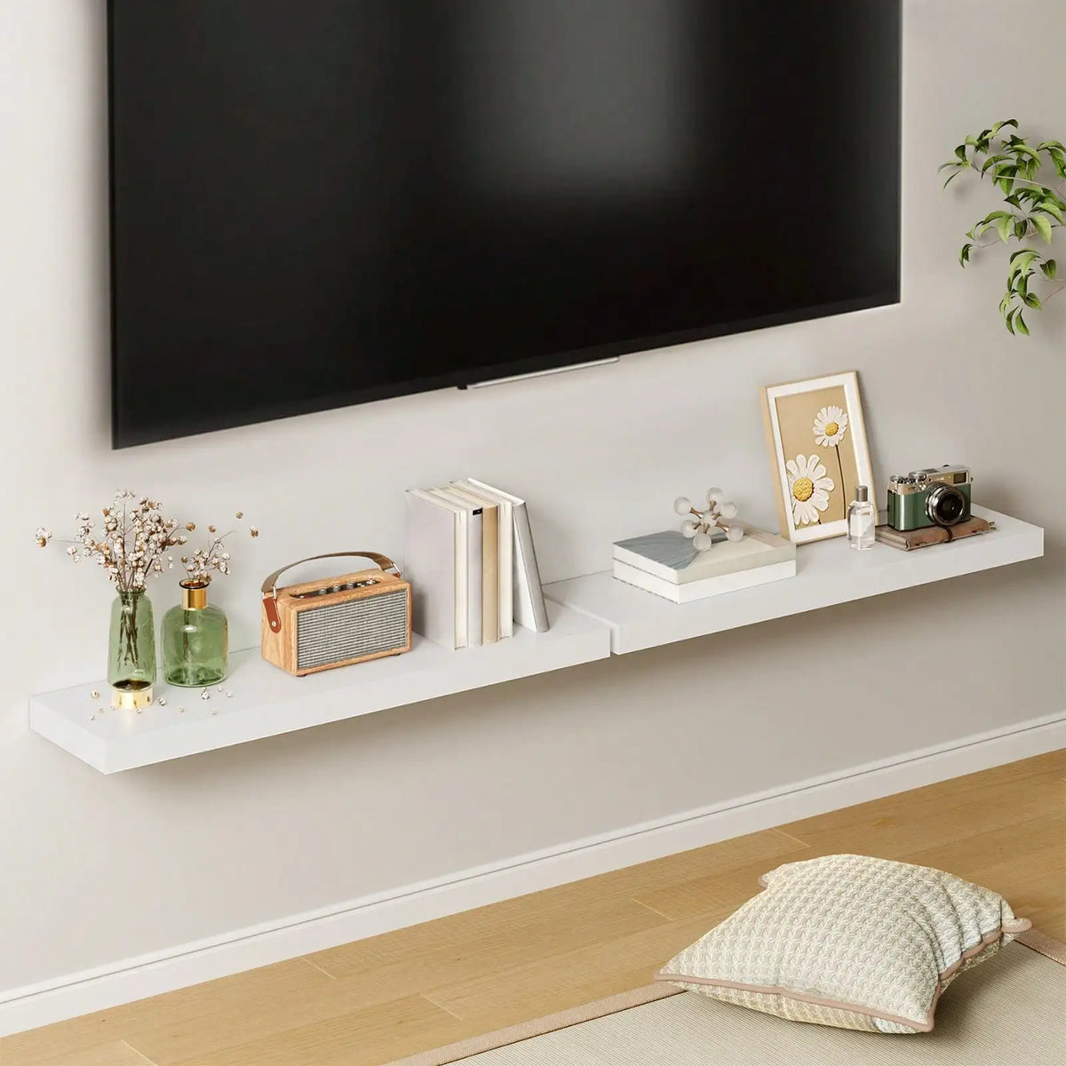 Floating shelves set of 2, 22-inch white MDF wall-mounted shelves for living room decor