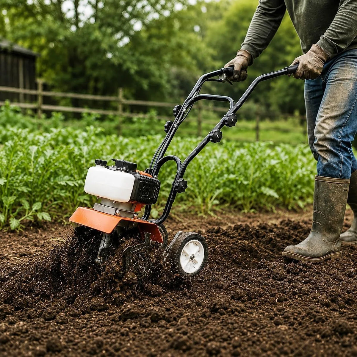 Gas-powered tiller cultivator with adjustable steel tines and 11.8-inch working width