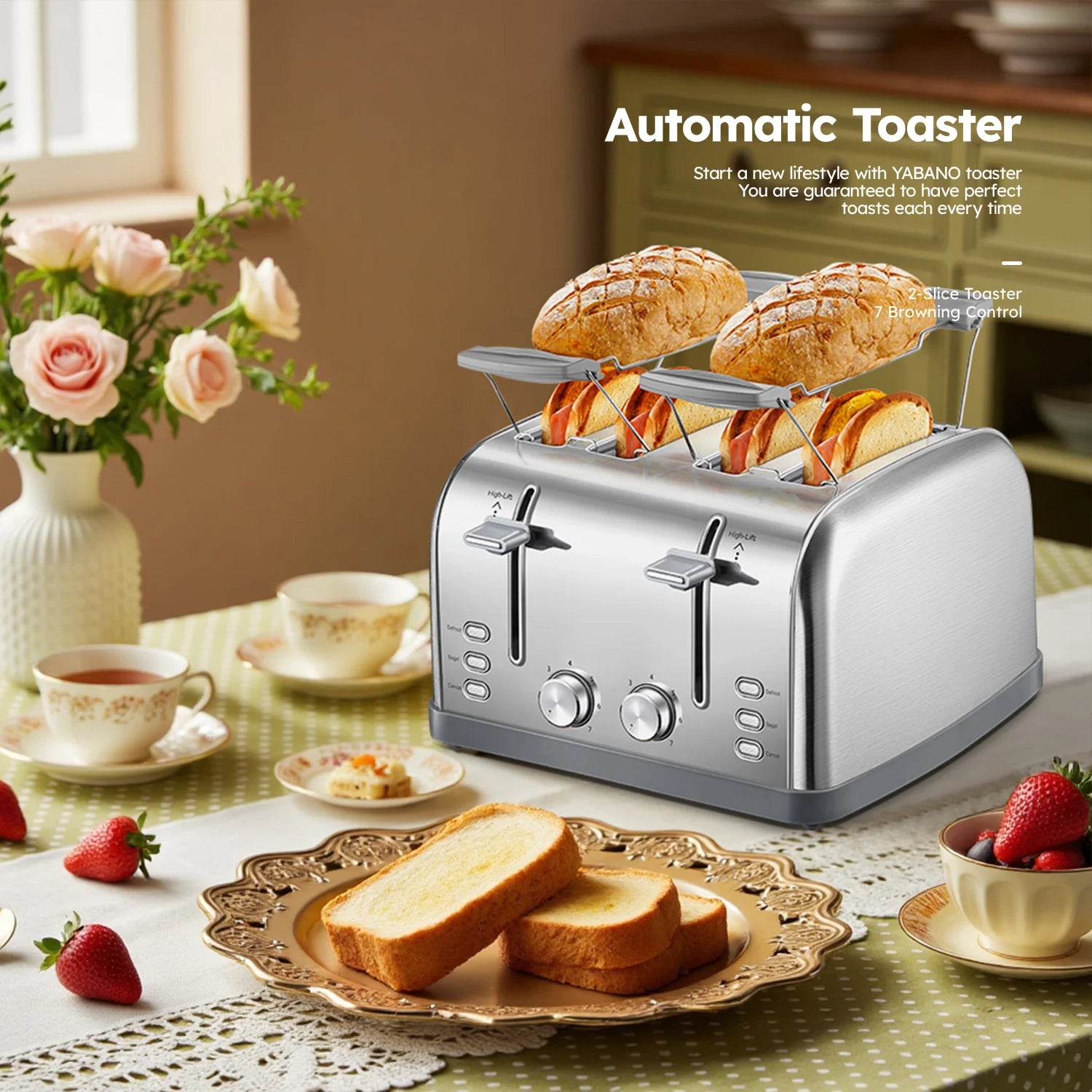 4-Slice Stainless Steel Toaster With Wide Slots Removable Crumb Tray by S And B Enterprise