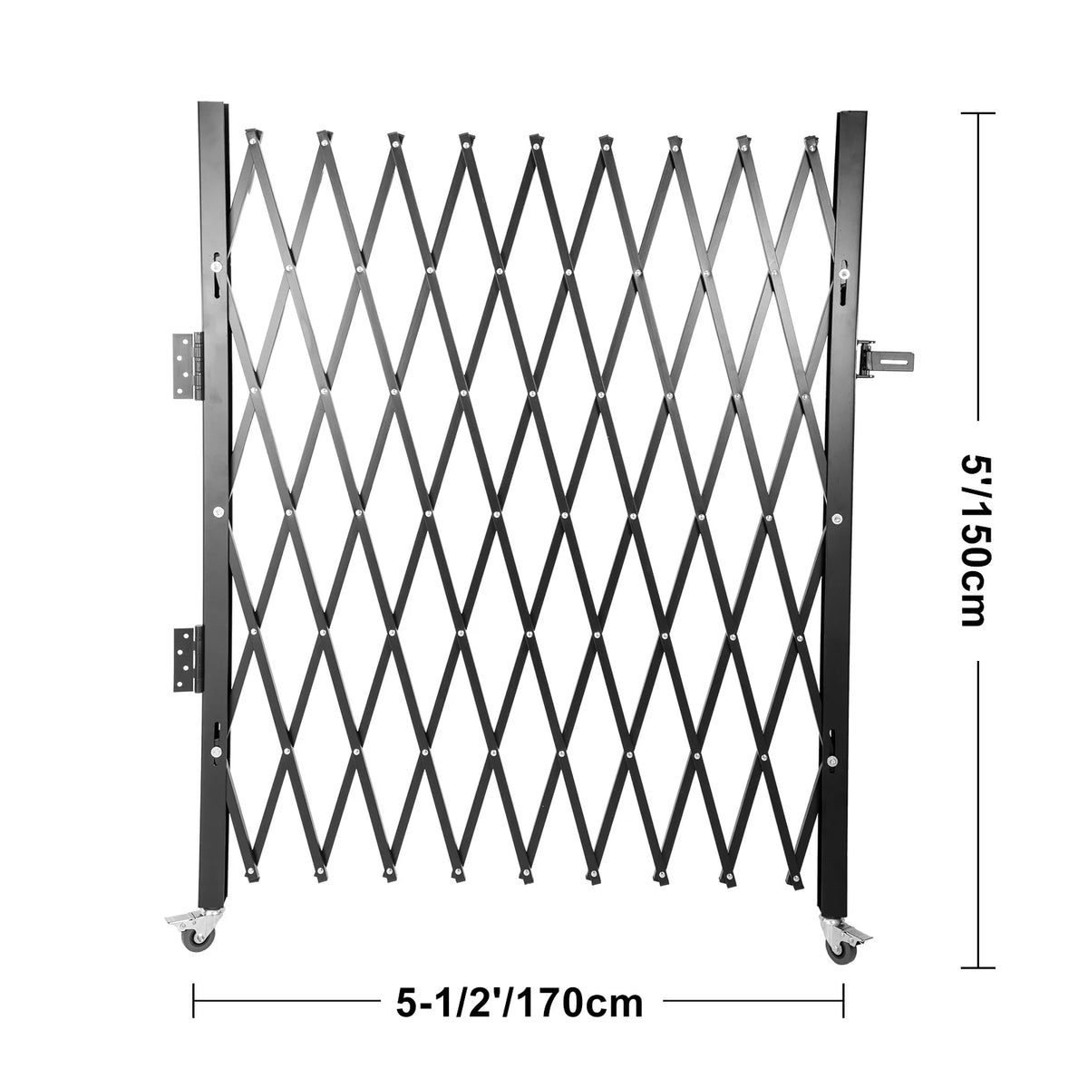 SucceBuy single folding security gate, black steel accordion expandable gate with caster wheels