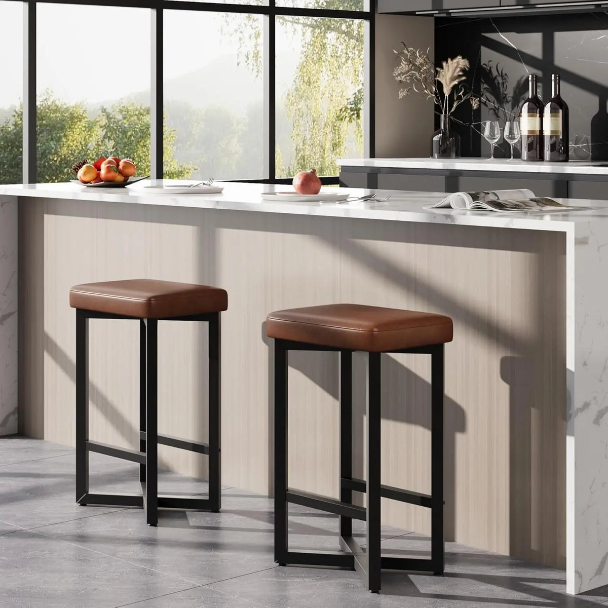 2 pcs backless bar stools by S And B Enterprise, brown PU leather seats with black metal X-frame; counter height