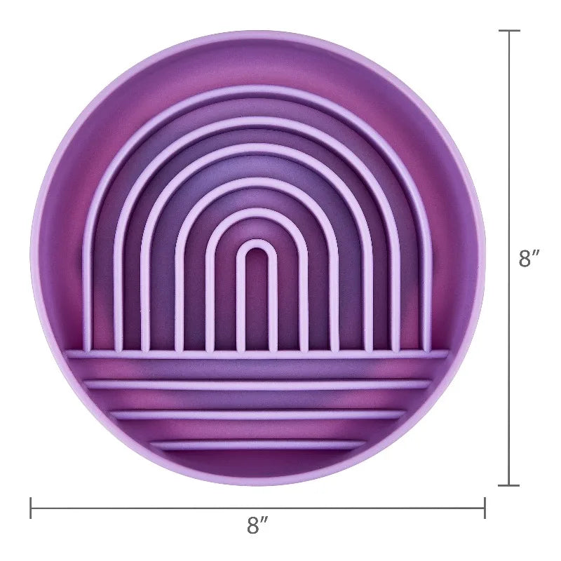 Slow feeder bowl for pets, purple rainbow design, 8-inch diameter, S And B Enterprise.