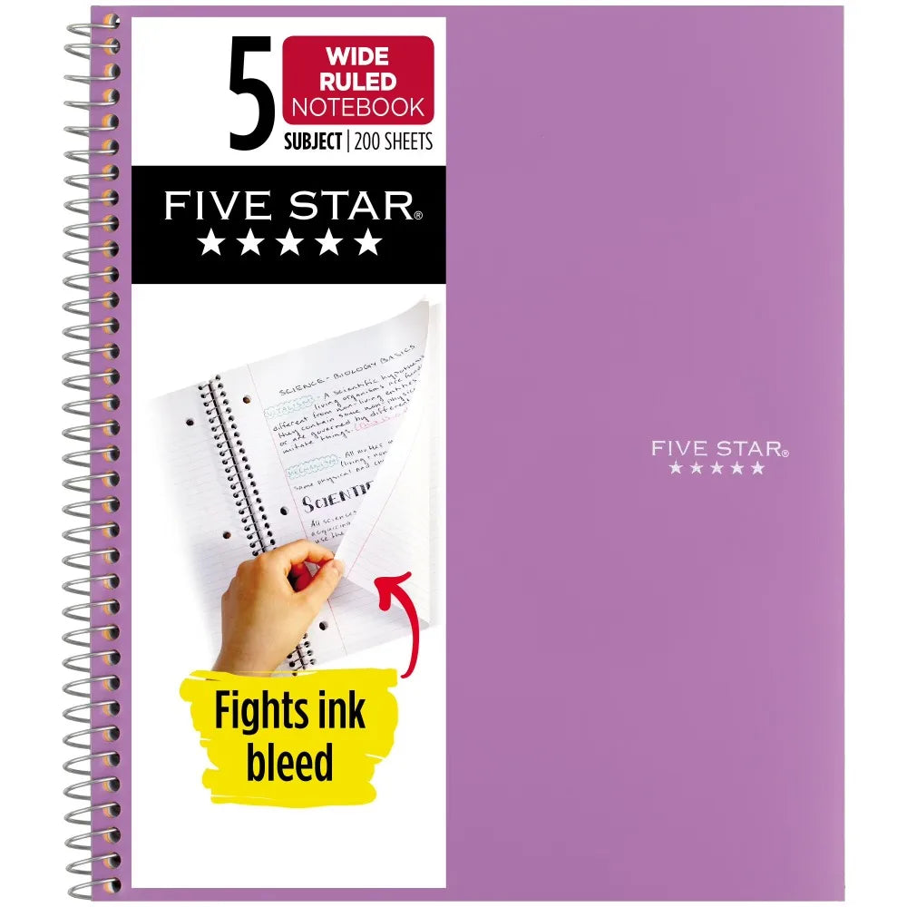 Spiral notebook Five Star amethyst purple, 5-subject wide-ruled, 8 x 10.5 in