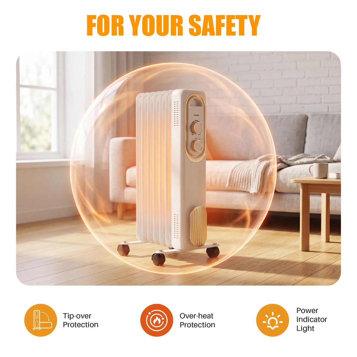JHK 1500W oil-filled radiator space heater, white, portable with wheels for home/office