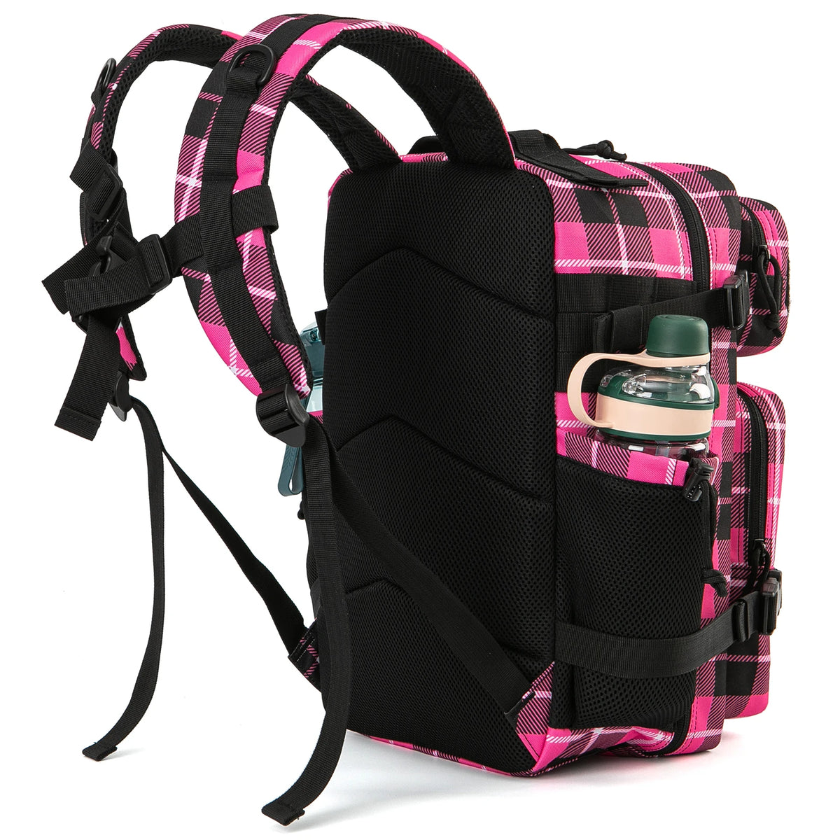 25L tactical backpack pink plaid with black padded back, unisex hiking travel bag with water bottle pocket