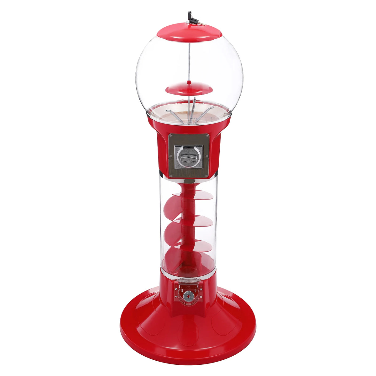 Red freestanding cylindrical twister ball vending machine with clear globe and spiral ramps