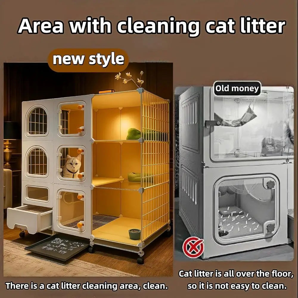 Indoor Cat Cage With Litter Box, Bed, Bowl, Wheels