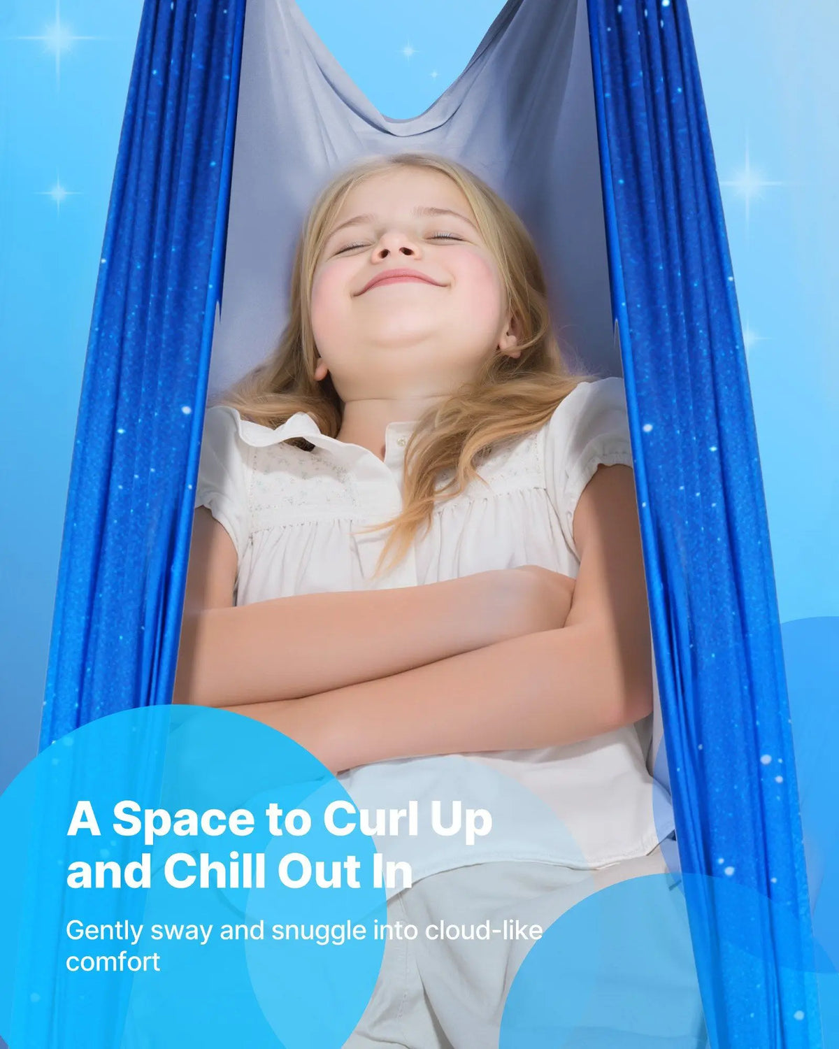 Sensory swing hammock in blue double-layer fabric for kids, indoor/outdoor use, holds up to 300lbs.
