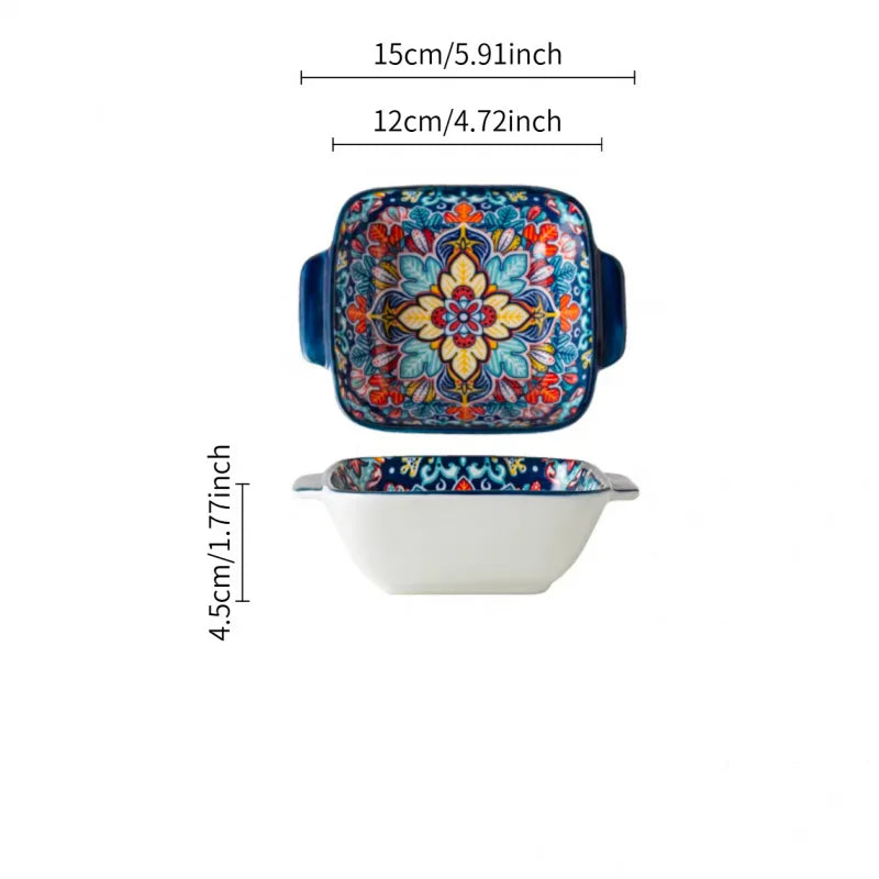 2Only15.24 Bohemian-Style Ceramic Salad Bowl/Pasta Bowl, Reusable Dessert Container with Handle/ Snack Bowl, Boho Tableware by S And B Enterprise
