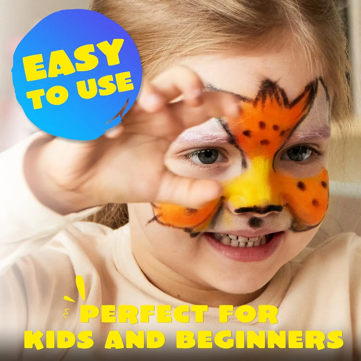 42PCS Face and Body Paint Crayons XL Kit by S And B Enterprise; child with tiger face paint.