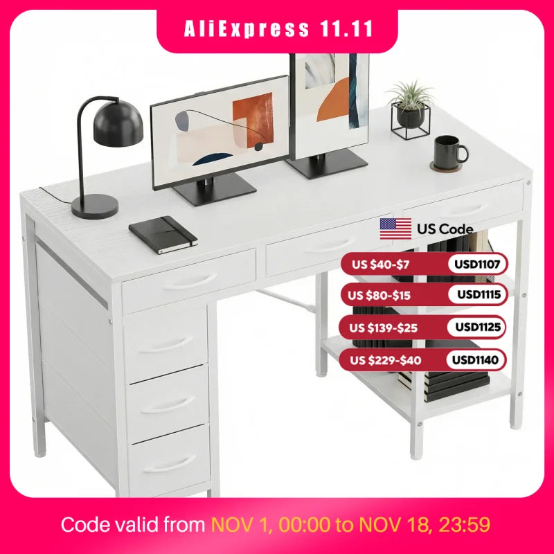 MCQ 47 Inch white office computer desk with 6 fabric drawers and storage shelves