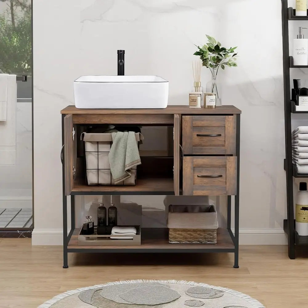36-inch bathroom vanity with white vessel sink, rustic wood cabinet on a metal frame with drawers and open shelf.