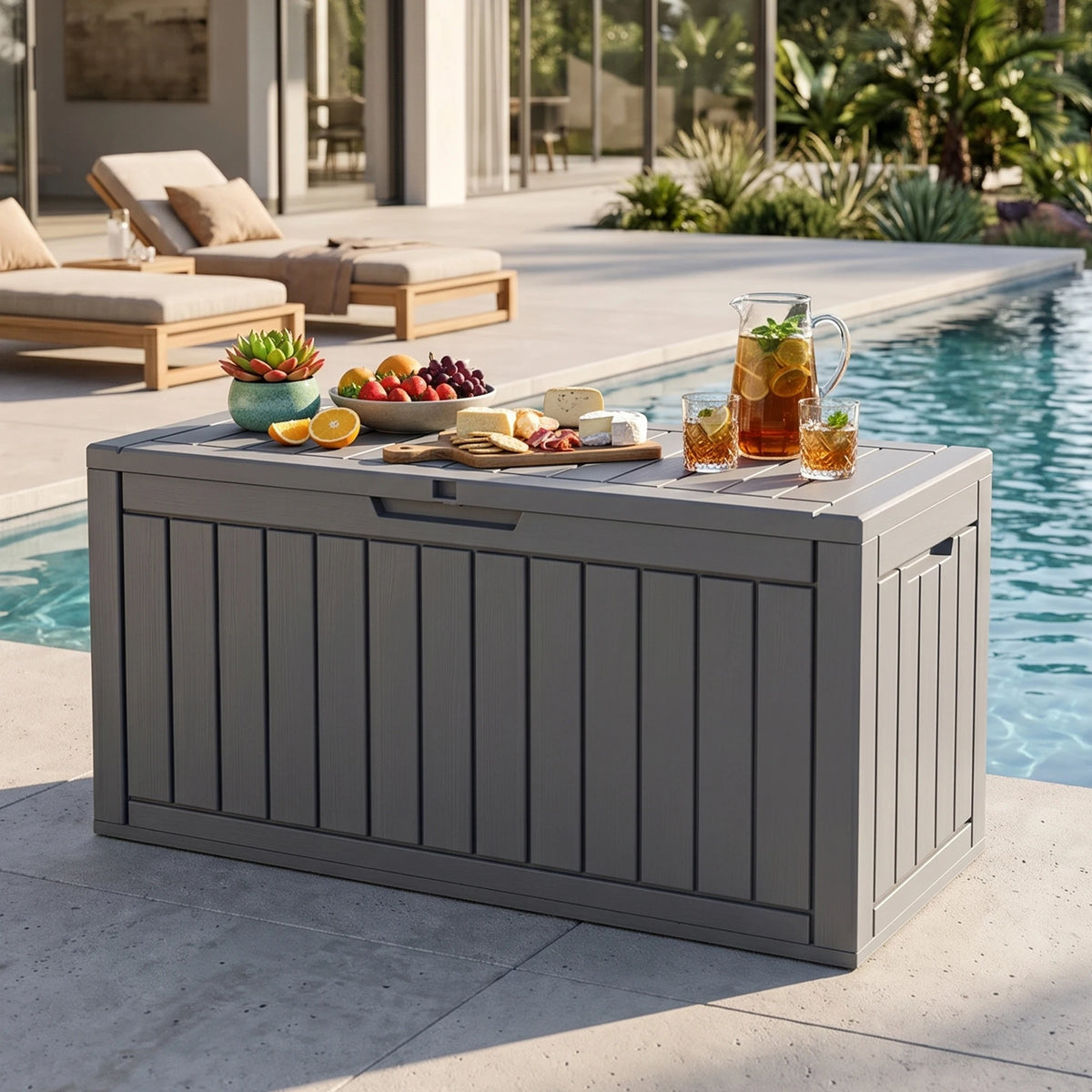 90-gallon outdoor deck storage box in gray weather-resistant plastic for cushions, tools, and pool supplies