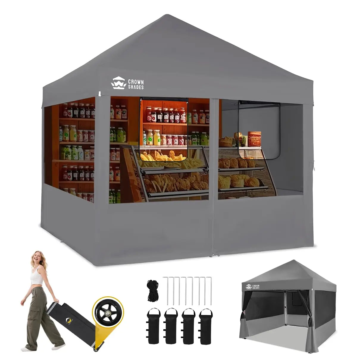 Pop Up Canopy Tent with 4 mosquito netting, gray S And B Enterprise Crown Shades logo, includes wheel kit & stakes.