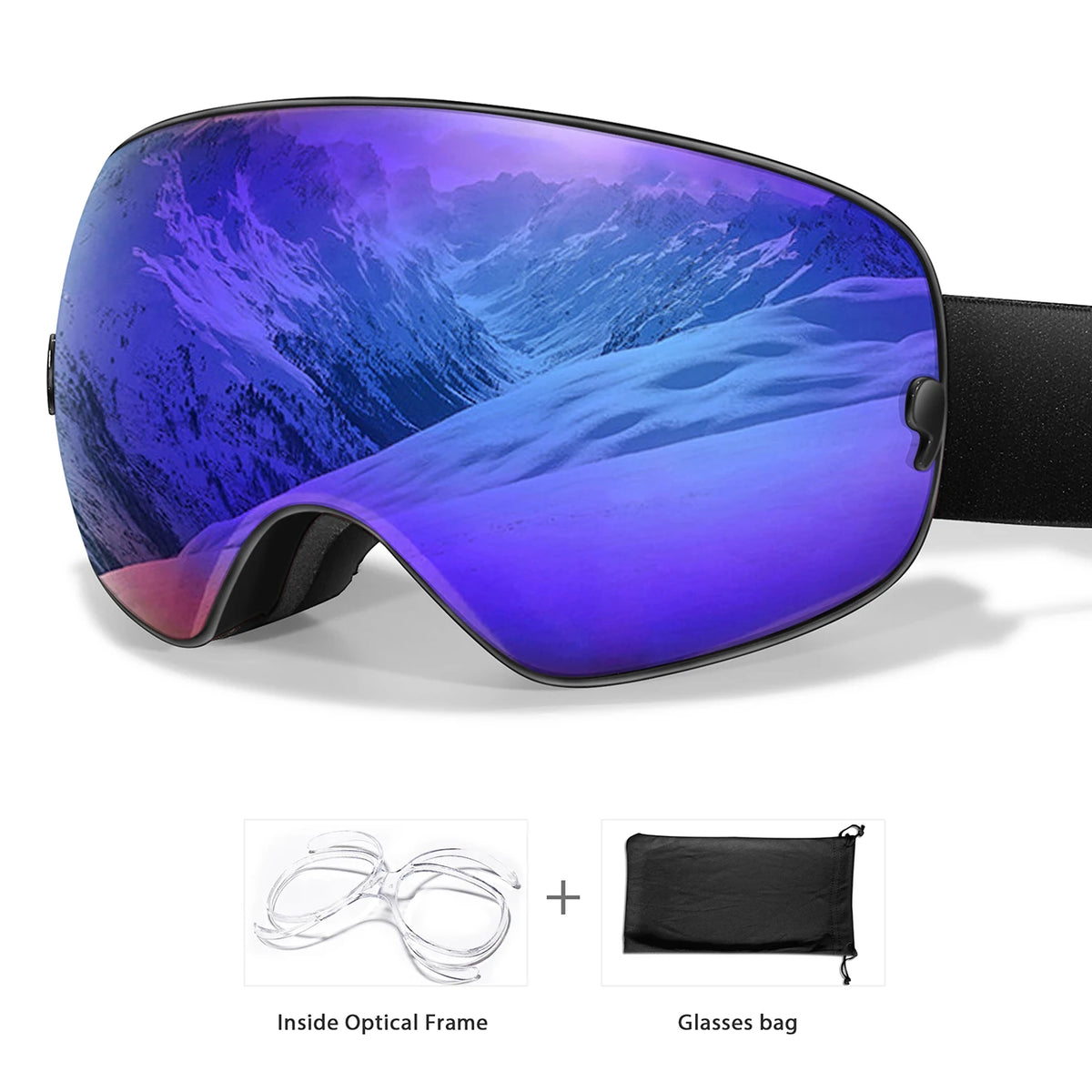 S And B Enterprise winter ski goggles with purple mirrored lens, UV400 anti-fog, includes optical frame and bag