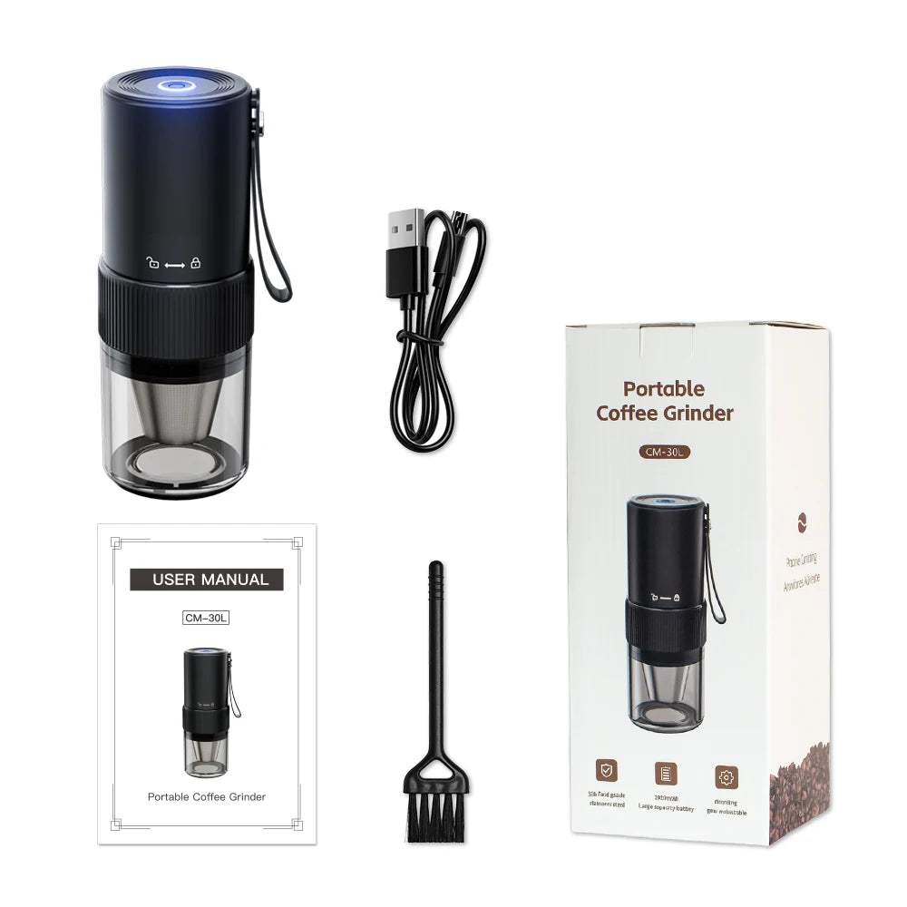 Portable electric coffee grinder by S And B Enterprise with adjustable grind, USB charging, stainless steel filter