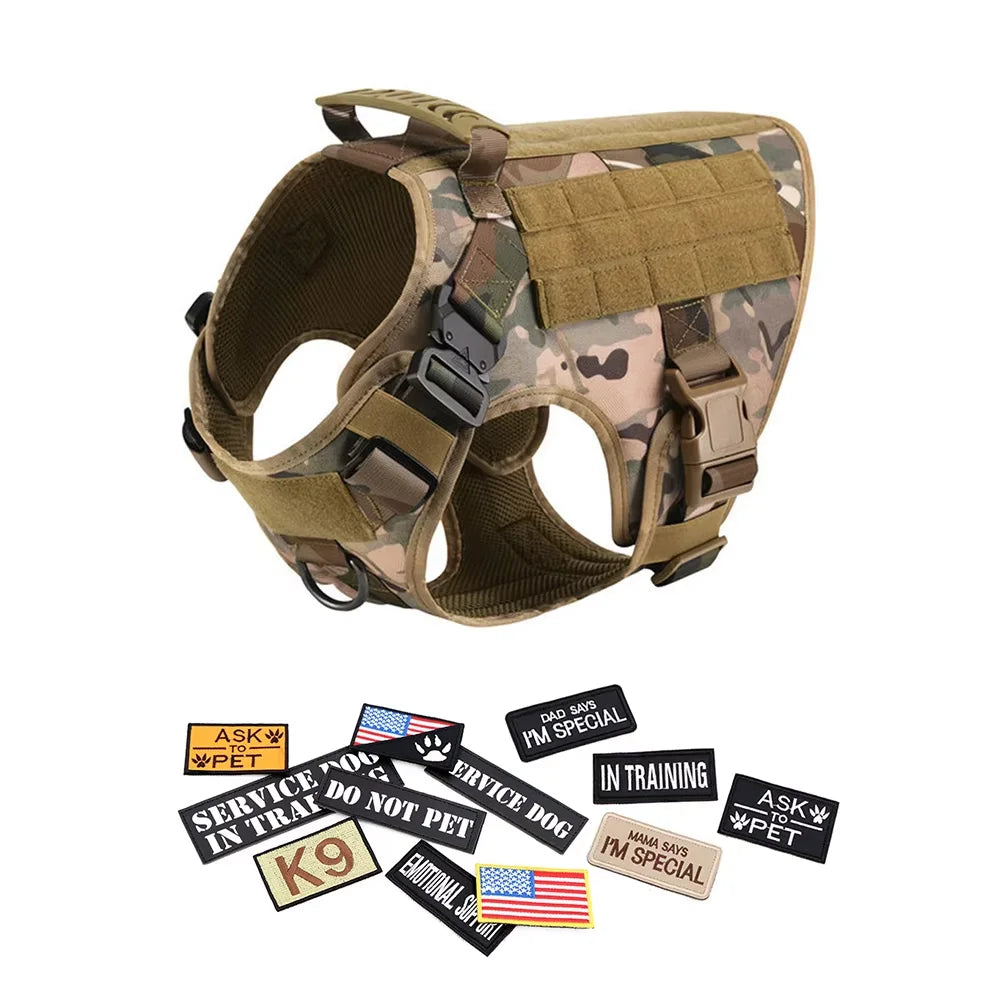 Military large camouflage dog harness by S And B Enterprise with patch set.