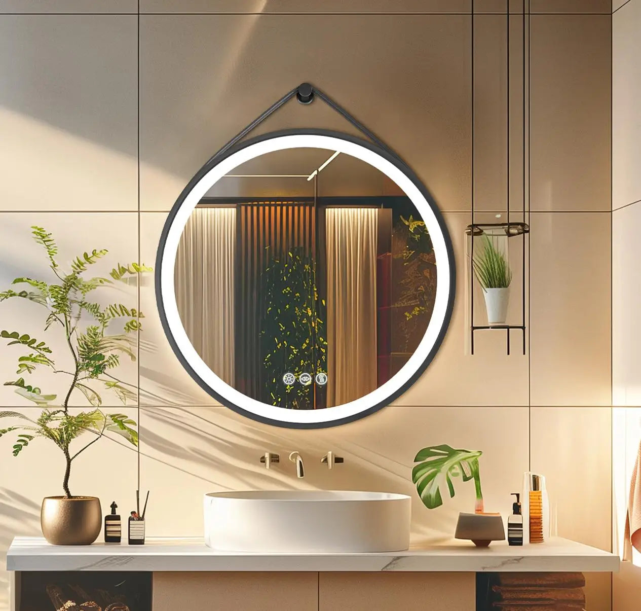 Round LED Bathroom Mirror With Leather Strap Frontlit Touch Antifog by S And B Enterprise