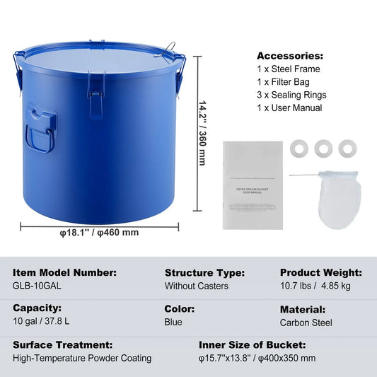 Blue 10 gal fryer grease bucket; carbon steel with rust-proof coating, lid, filter bag, steel frame, manual.