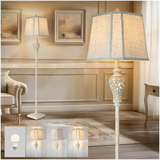 Vintage Floor Lamp With Night Light Linen Shade For Home