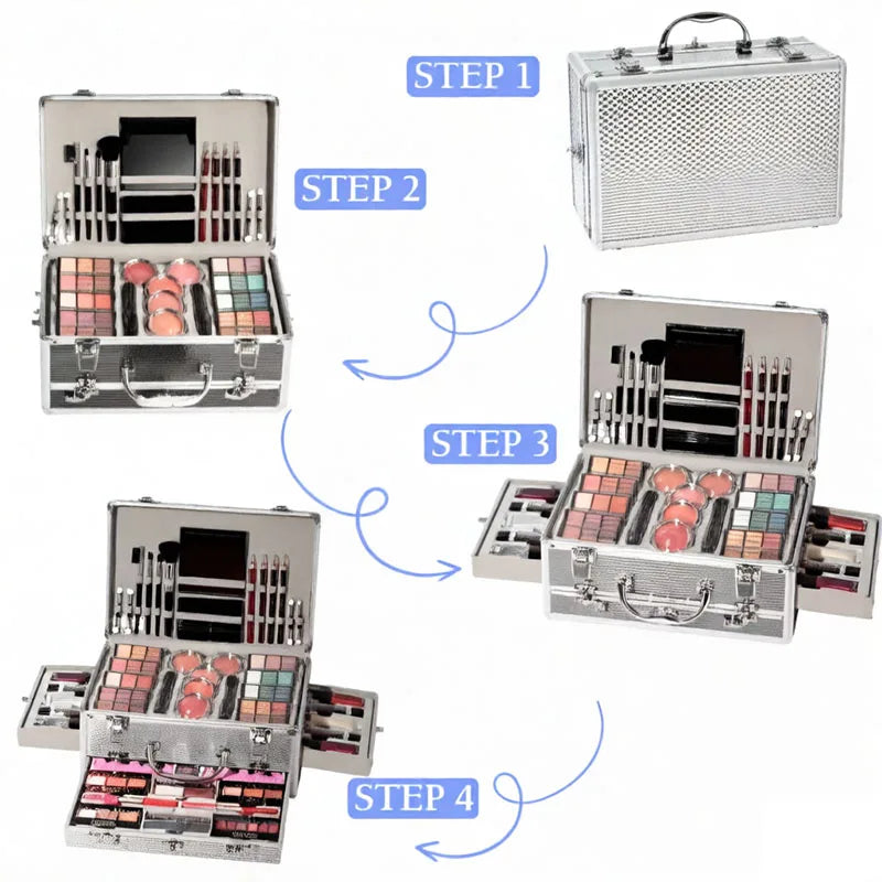 All-In-One Makeup Gift Kit by S And B Enterprise in a silver portable case with mirror, lipstick, eyeshadow and blush.