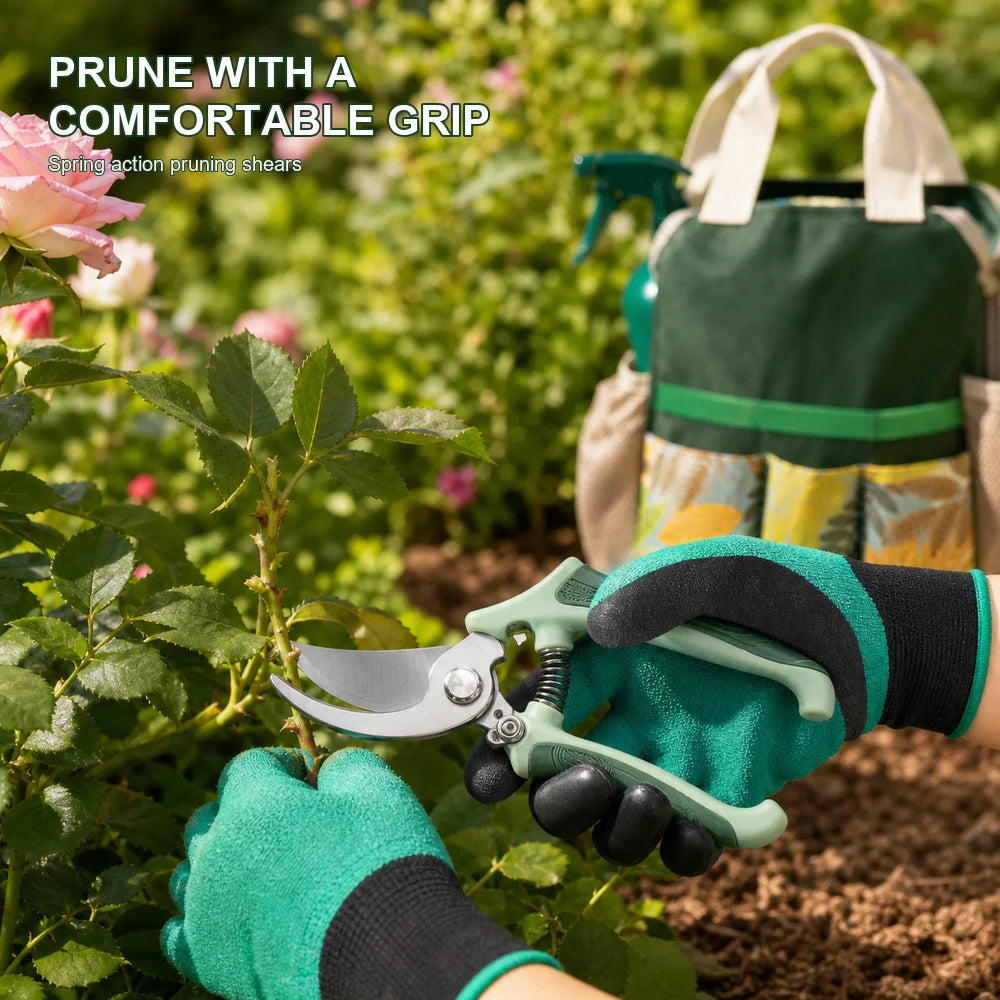 16-piece garden tool set by S And B Enterprise with aluminum tools, pruning shears, gloves and floral tote bag