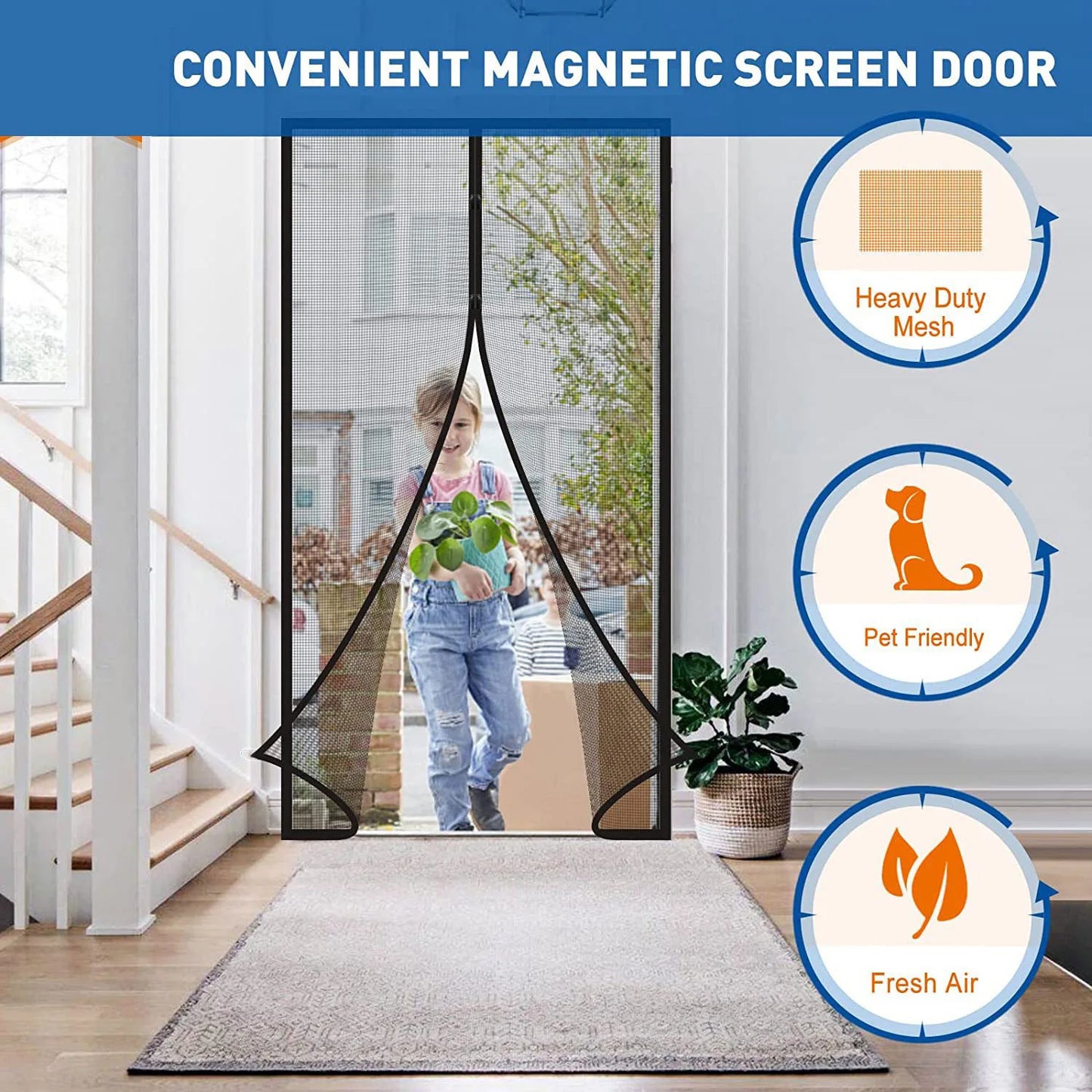 Magnetic door screen curtain with heavy-duty mesh, automatic closing, pet friendly