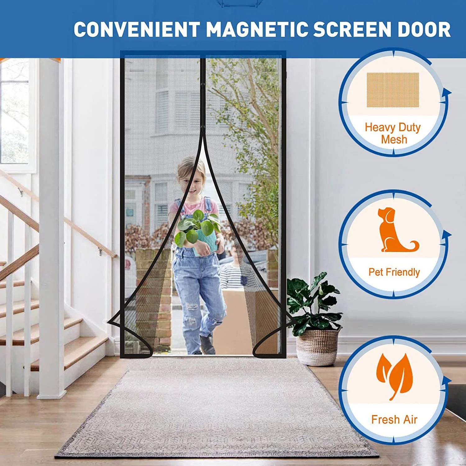 Magnetic door screen curtain with heavy-duty mesh, automatic closing, pet friendly