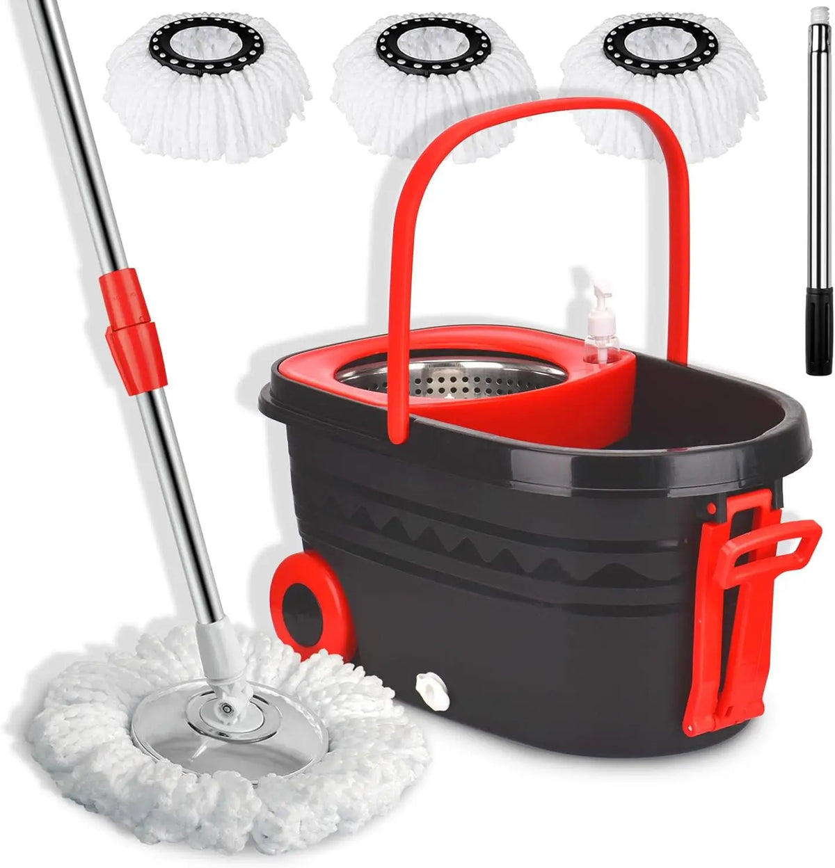 Black spin mop bucket set with wheels, extendable handle and wringer; includes 3 replacement mop refills