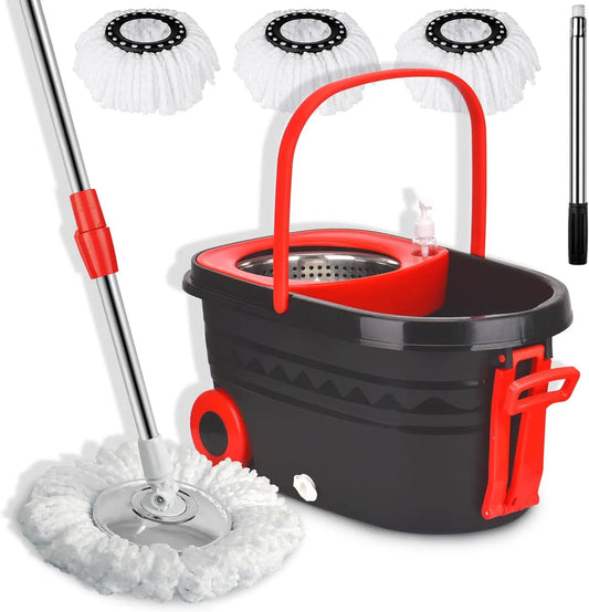 Black spin mop bucket set with wheels, extendable handle and wringer; includes 3 replacement mop refills