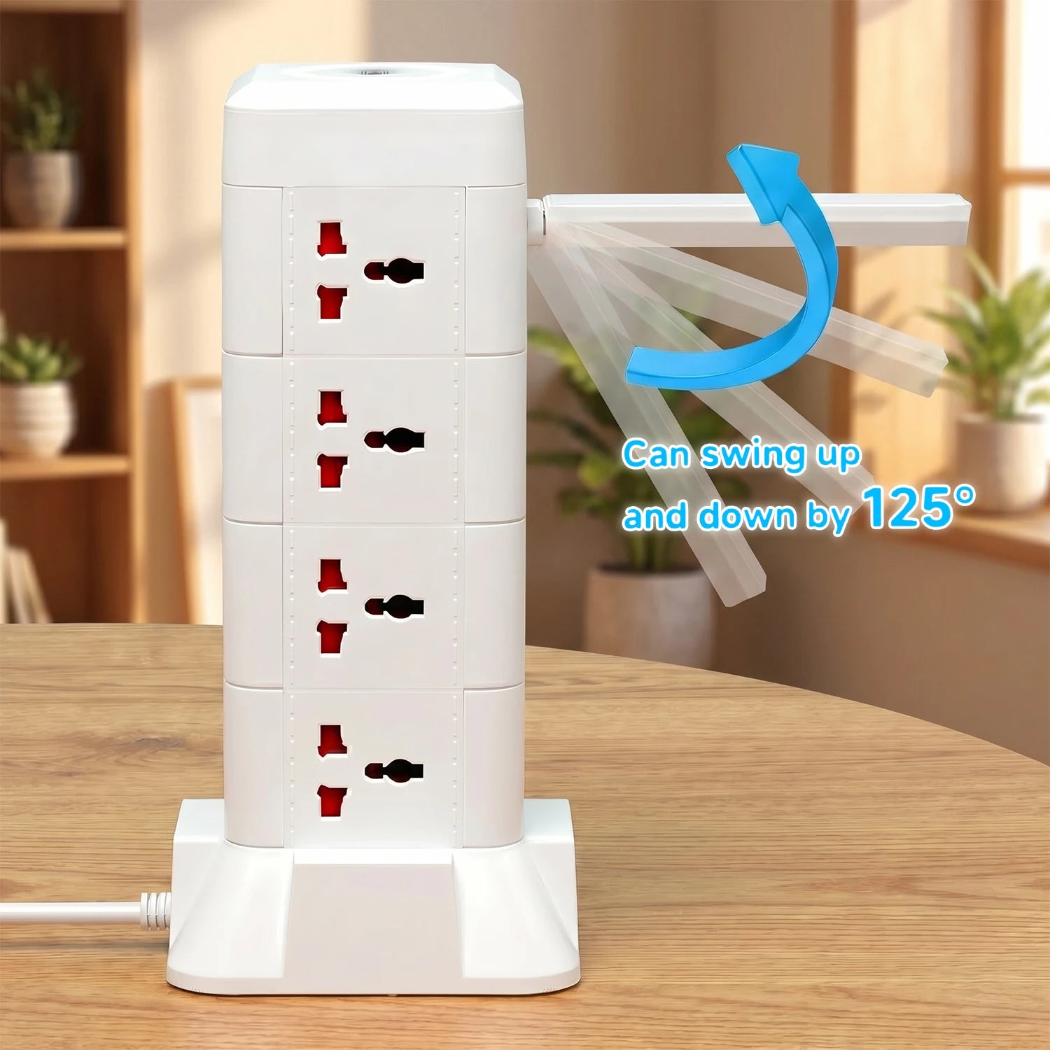 Power strip tower with 12 outlets and 3 USB ports, white vertical surge protector with a swing-arm lamp.