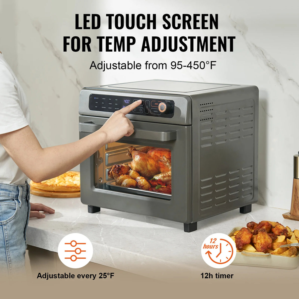SucceBuy air fryer toaster oven in stainless steel; 25L countertop model with grill, roasting chicken inside